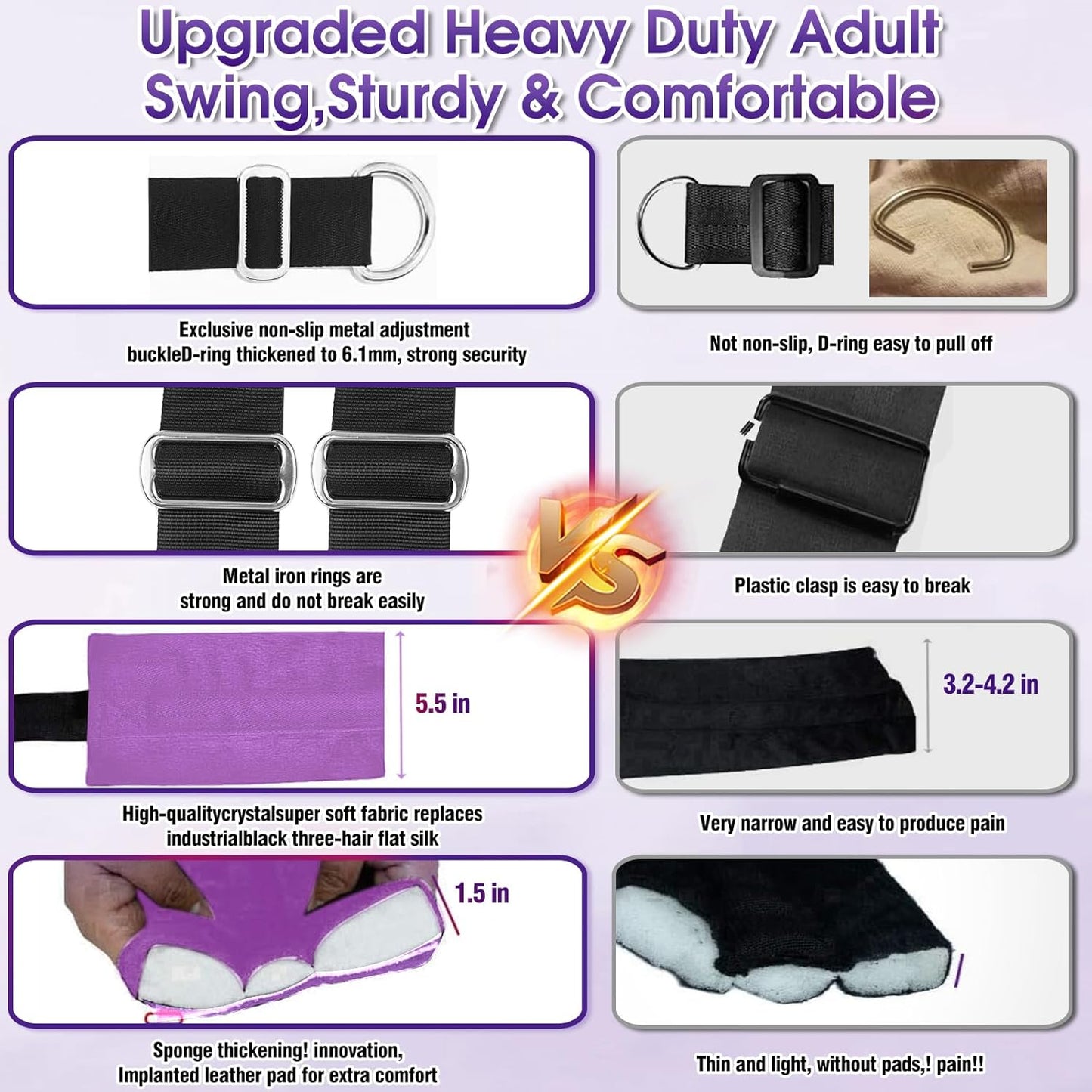 BDSM Sex Swing Adult Sex Toys Heavy Duty Sex Swings with Hanging Door Straps Adjustable Sex Sling Widened Padding Seat Bondage Thigh Restraints, Sex Furniture for Couples Kinky Sex Toy Purple