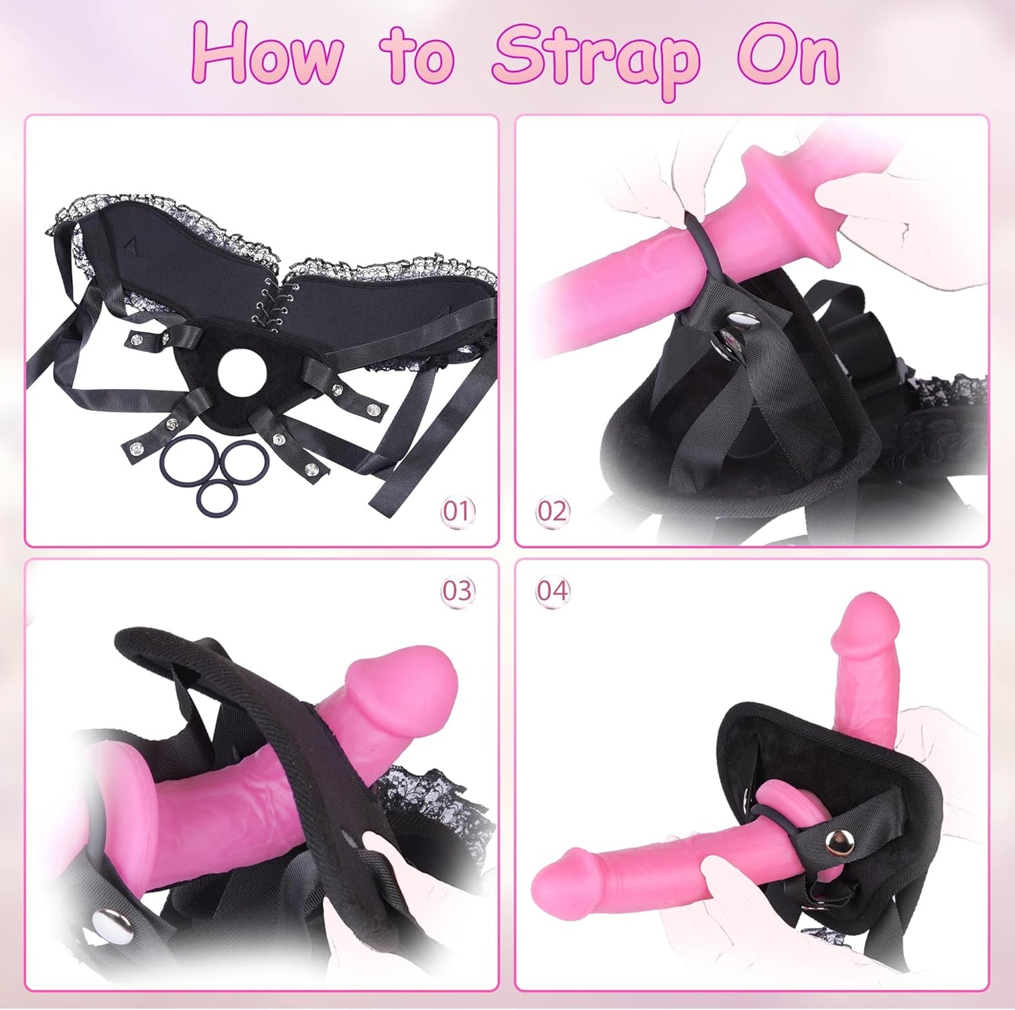BlushBond Double-Sided Strap-On Dildo | Lace Harness, 3 Rings