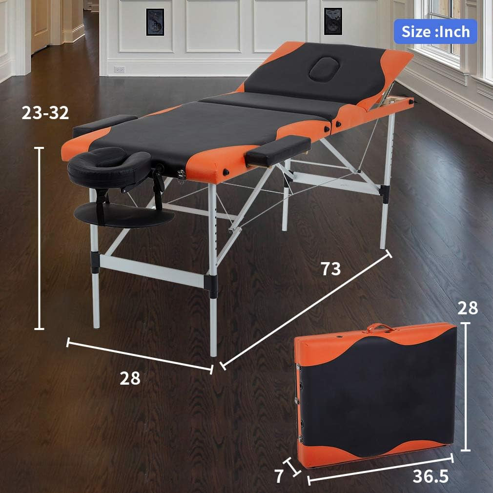 Aluminium Massage Bed Portable Massage Table 28 Inch Wide Lash Bed Height Adjustable 3 Folding Spa Table with Non-Woven Bag for Spa Footmassage Facial Carespa Tattoo