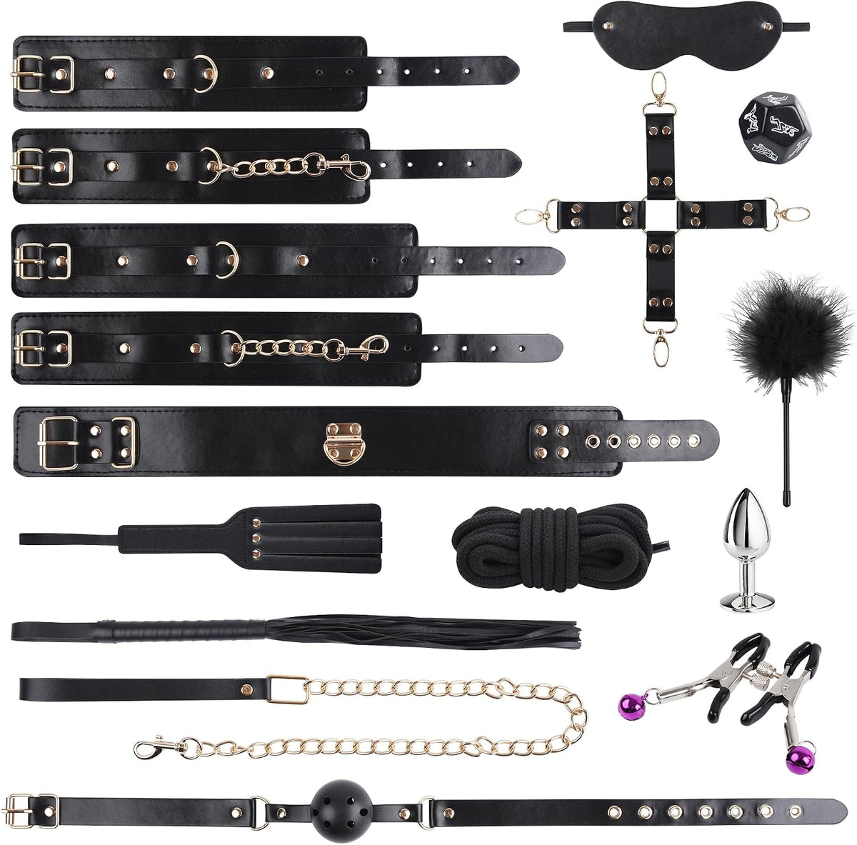 BlackTide 13-Piece BDSM Bondage Kit with Cuffs, Collar and Paddle