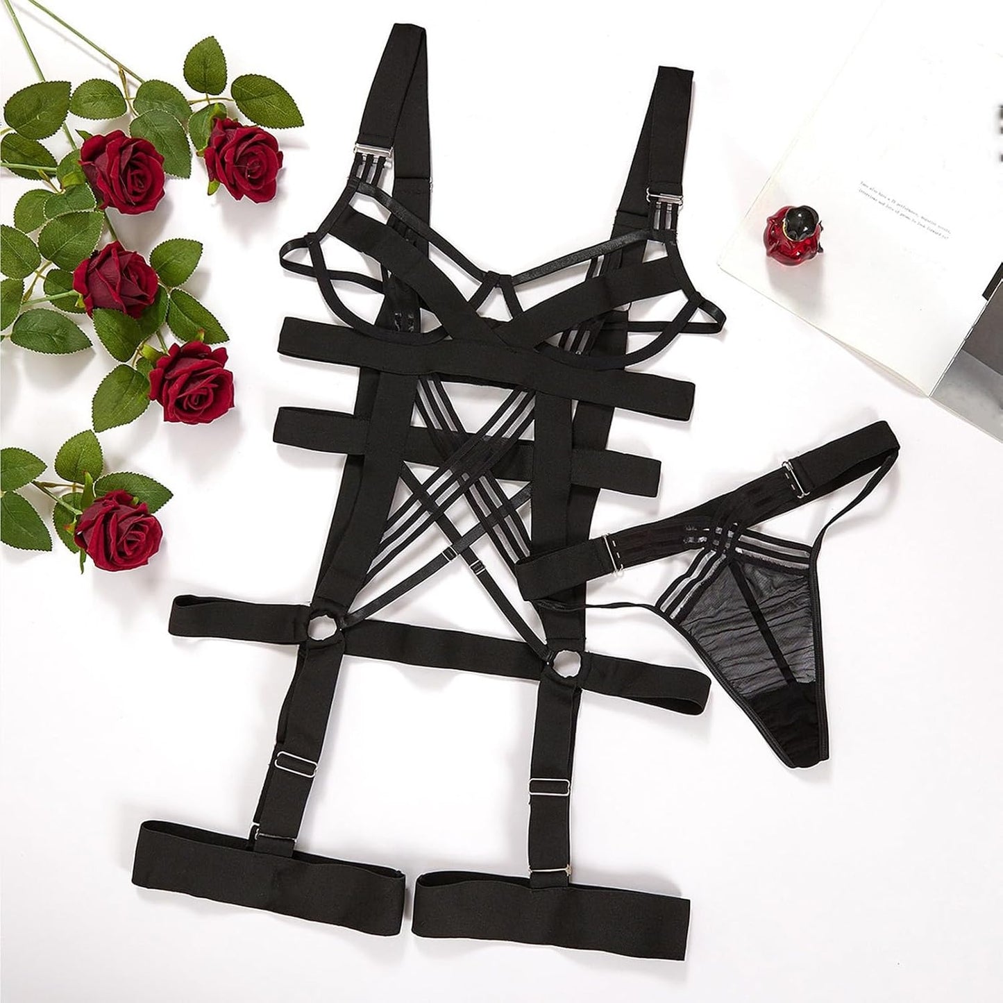 NightSiren Sexy 5-in-1 Strappy Garter Bodysuit Set