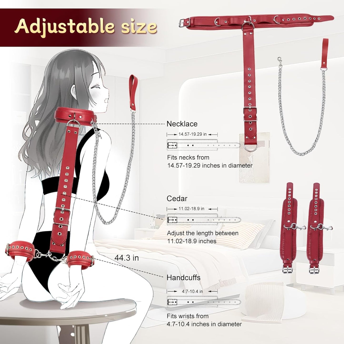 BDSM Bondage Sex Restraints Set Couples Sex Toys, Neck to Wrist Restraints Kit with Traction Chain Back Sex Handcuffs Collar Adjustable Bondage Gear Accessories SM Sexy Slave Beginner Role Play Games
