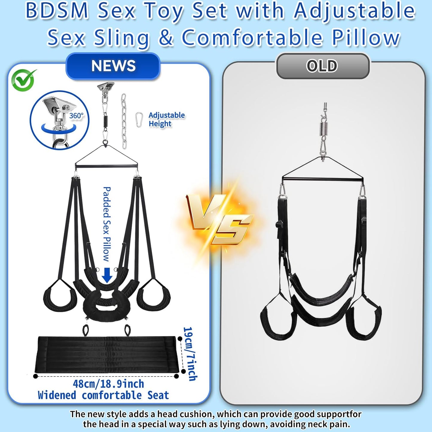 Sex Swing, BDSM Sex Toys Set with 360 Degree Spinning Ceiling Swing Stand & Adjustable Sling Widened Thick Padded Seat Soft Extra Pillow Comfortable Swings for Couples Adult Toys & Games