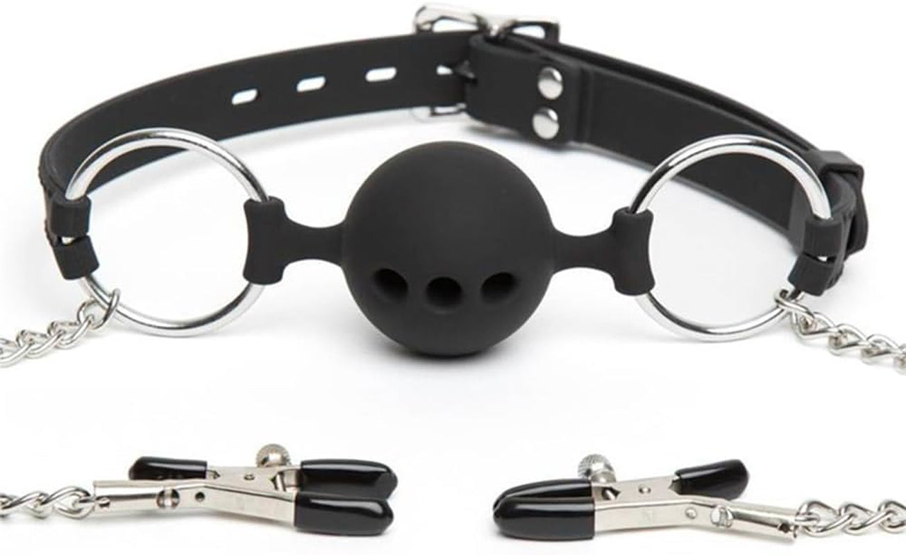 DuskThrall Ball Gag with Nipple Clamps Bondage Set