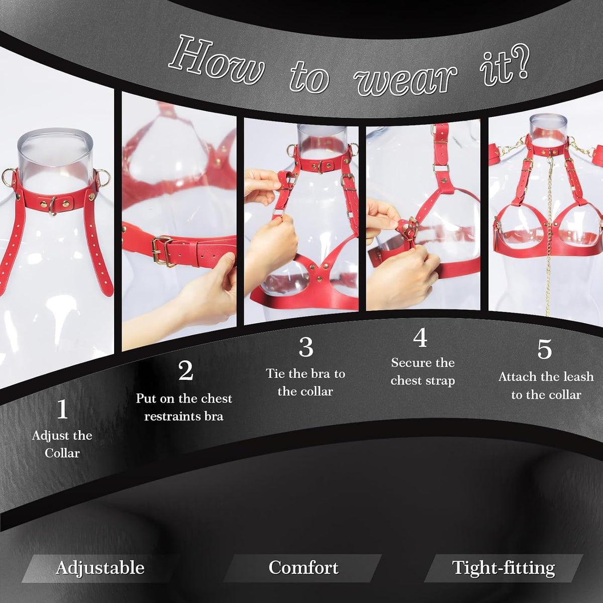 ScarletCage Adjustable Leather Chest Harness with Collar and Cuffs