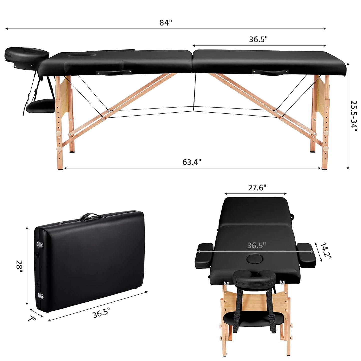 Massage Table Portable Lash Beds Spa Bed Massage Couch Foldable Spa Tables Adjustable 2 Fold with Non-Woven Bag 28 Inch, Black
