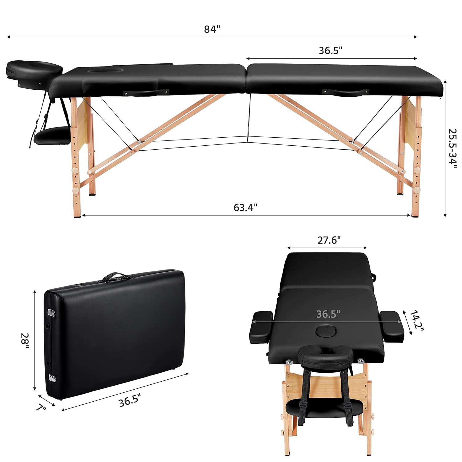 Massage Table Portable Lash Beds Spa Bed Massage Couch Foldable Spa Tables Adjustable 2 Fold with Non-Woven Bag 28 Inch, Black
