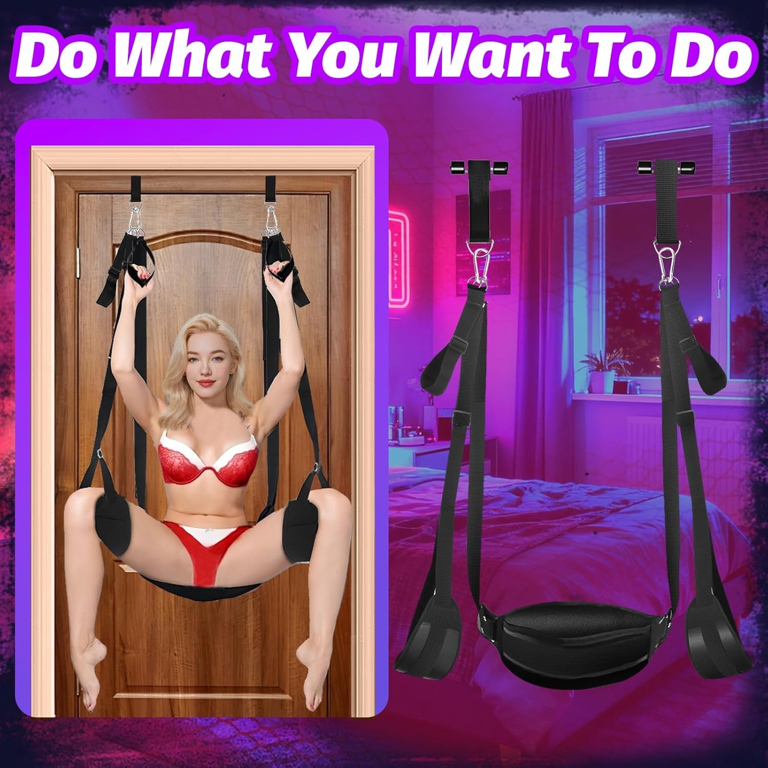 BDSM Door Sex Swing with Restraint Handcuffs, Ankle Cuffs, Adjustable Restraint Straps, and Butt Support, Bondage Sex Toy for Adults or Couples. (Without Pullup Bar)