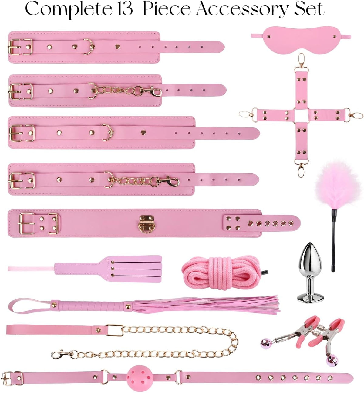 RoseNoir 13-Piece Pink BDSM Kit with Cuffs, Collar and Paddle