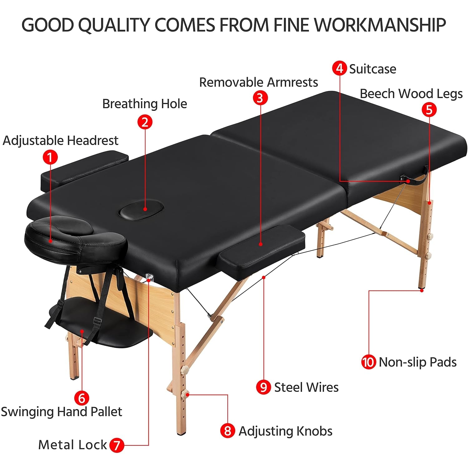 Massage Table Portable Lash Beds Spa Bed Massage Couch Foldable Spa Tables Adjustable 2 Fold with Non-Woven Bag 28 Inch, Black