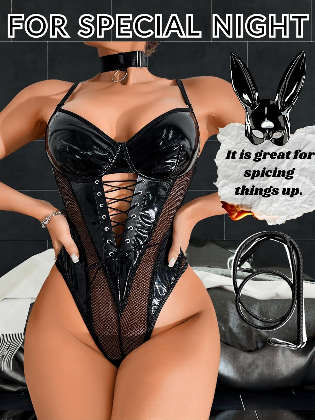 NightVice Wet Look Corset Bodysuit & Choker