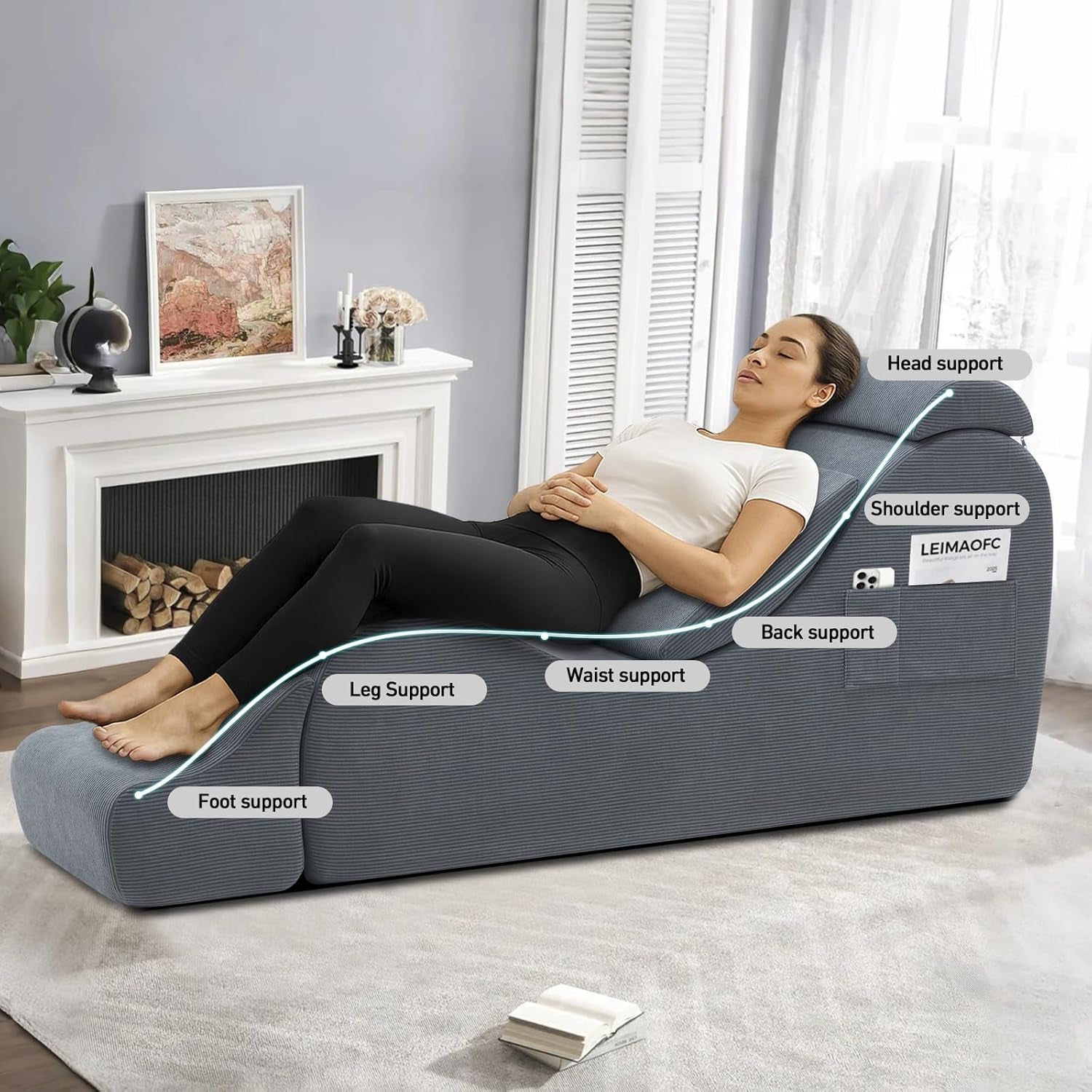 Yoga Chair Lounge for Adult, Ergonomic Chaise Lounge Chair with Side Pocket, Headrest, Waist Pad, Ottoman，Perfect for Stretching, Massage, and Relaxation, Used in Living Room, Bedroom（Dark Gray）