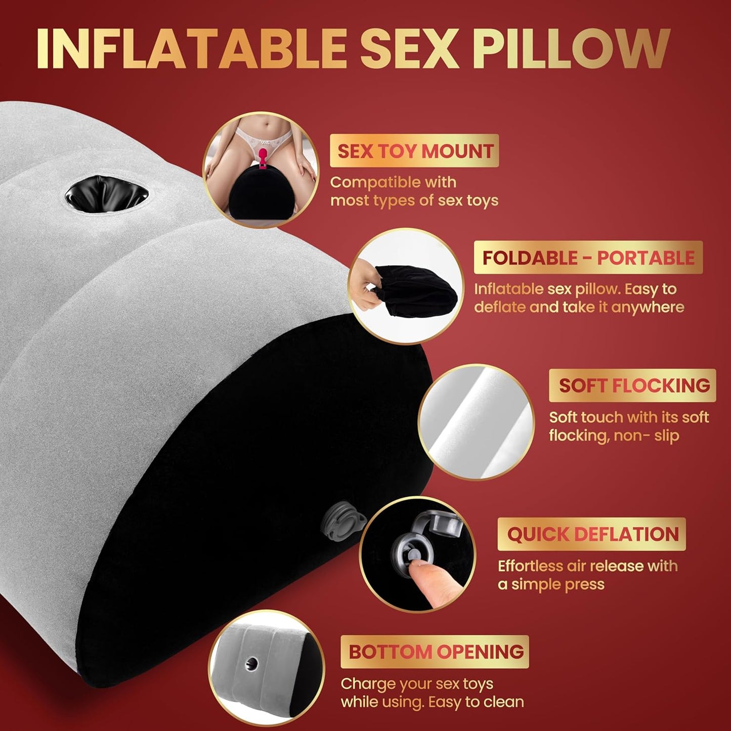 Hands-Free Inflatable Sex Pillow with Suction Cup Dildo Mount - Sex Toy Holder for Dildos, Saddle Stool & Chair Accessories - Adult Toys for Women, Men, Couples (Without Sex Toys)