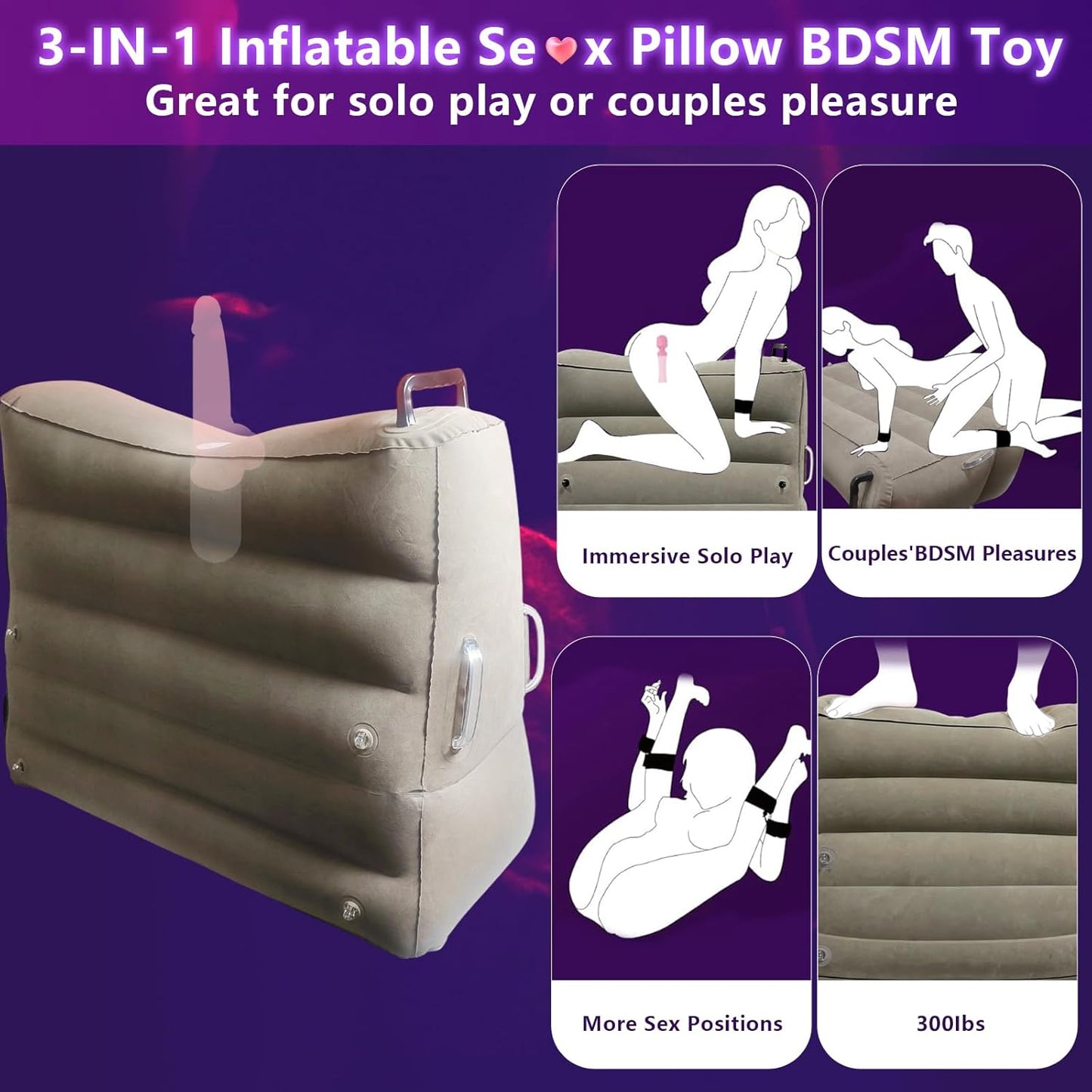 Inflatable Sex Pillow with Dildo Mount, Sex Position Pillow with BDSM Kit - Multifunctional Cushion for Couples | 4 Cuffs & 2 Elastic Bands, Novelty Sextoy Portable Sex Furniture for Indoor&Outdoor