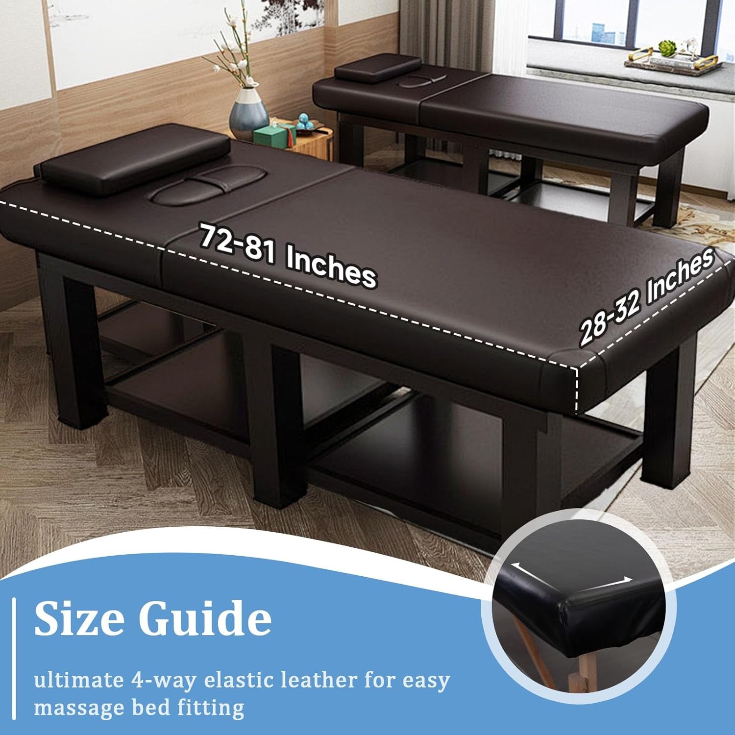 Leather Massage Table Cover Protector Wipeable Massage Table Cover Fitted Replacement Sheet Covers for Massage Bed/Spa Bed/Lash Beds, Fits 28-32" Wide (Black, 1Pcs)