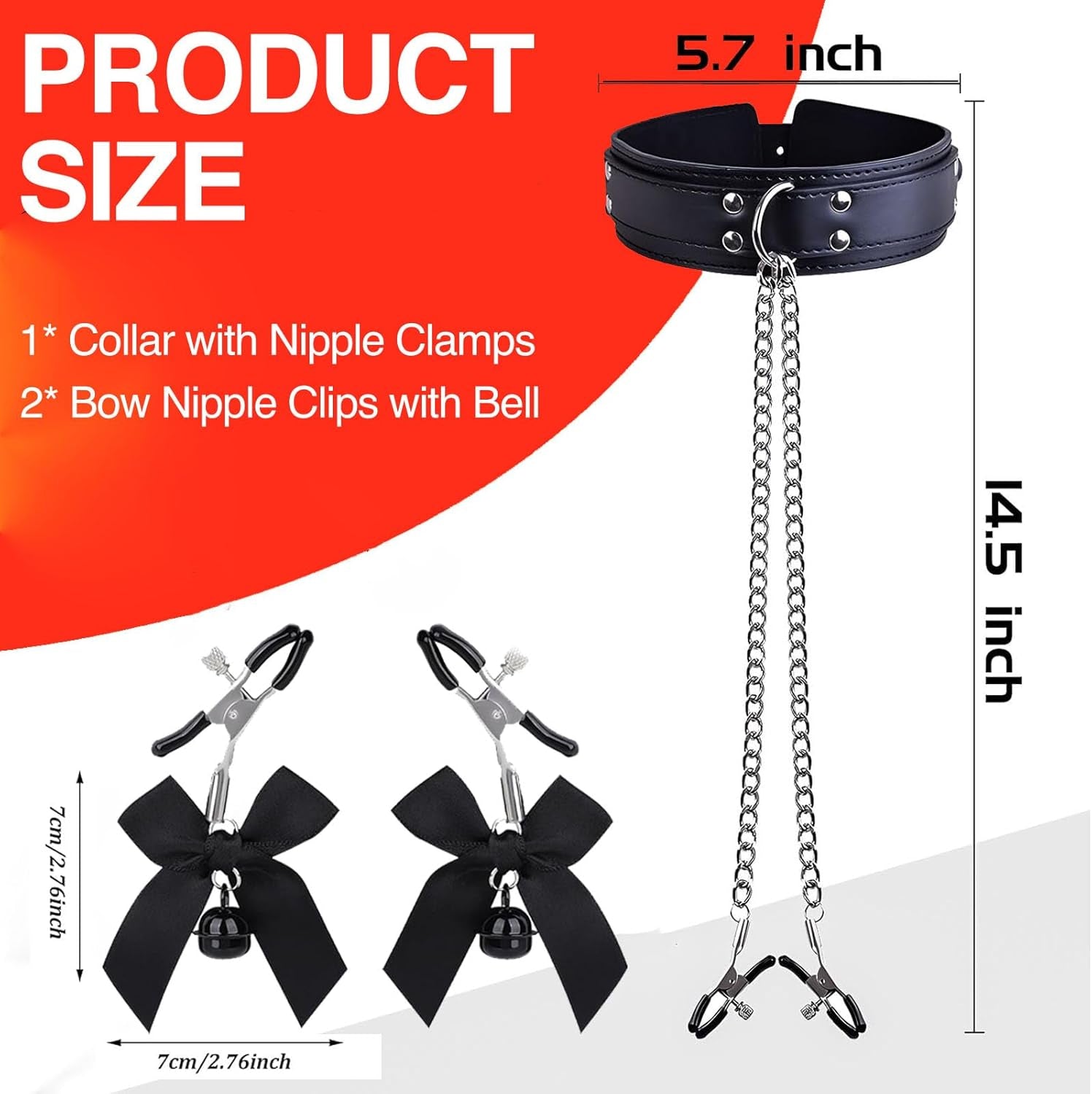 BDSM Bondage Nipple Clamps Collar Set Sex Toys, Nipple Stimulation Adjustable Nipple Clamp Metal Chain with 2Pcs Bow Nipple Clips Jewelry with Bell for Adult Play Toy Solo or Couple Kinky Pleasure