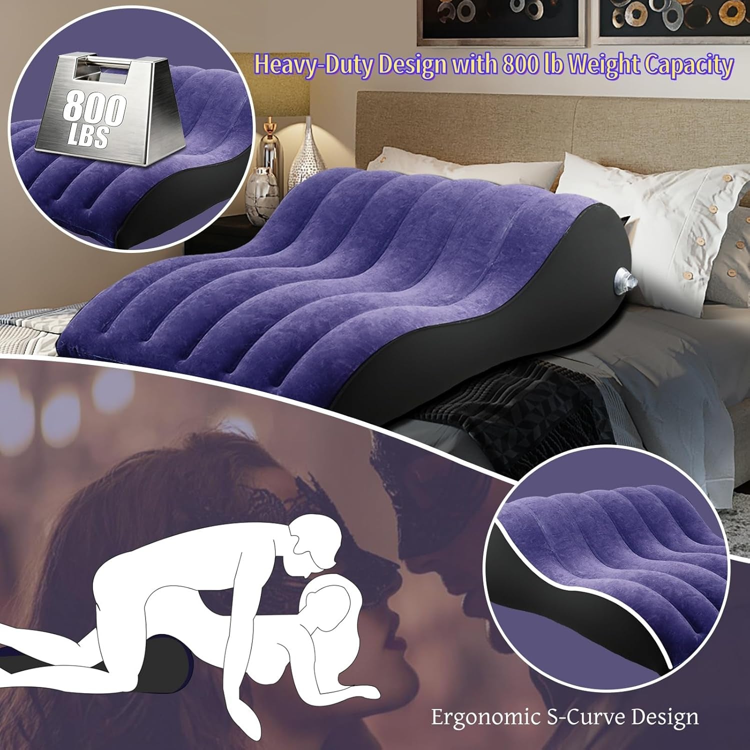 Inflatable Sex Cushion PVC Flocking Sex Pillow Chair for Couples Positioning, Body Support Pillow with S-Curve Design for Deeper Position, Portable Travel Pillow
