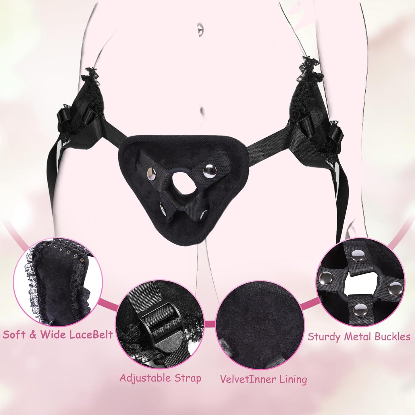 BlushBond Double-Sided Strap-On Dildo | Lace Harness, 3 Rings