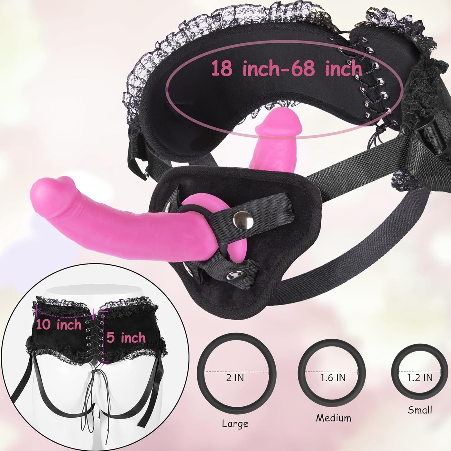 BlushBond Double-Sided Strap-On Dildo | Lace Harness, 3 Rings