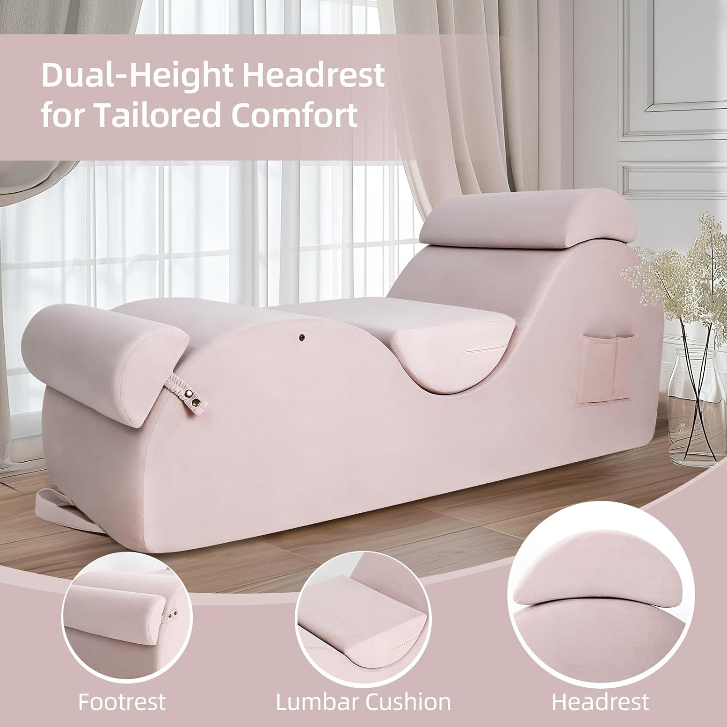 Chaise Lounge Chair for Yoga, Chaise Lounge with Headrest, Waist Pad, Foot Pad, Washable Cover Side Pockets Non-Slip Bottom, Yoga Chair for Relaxation Stretching (Pink, Large)
