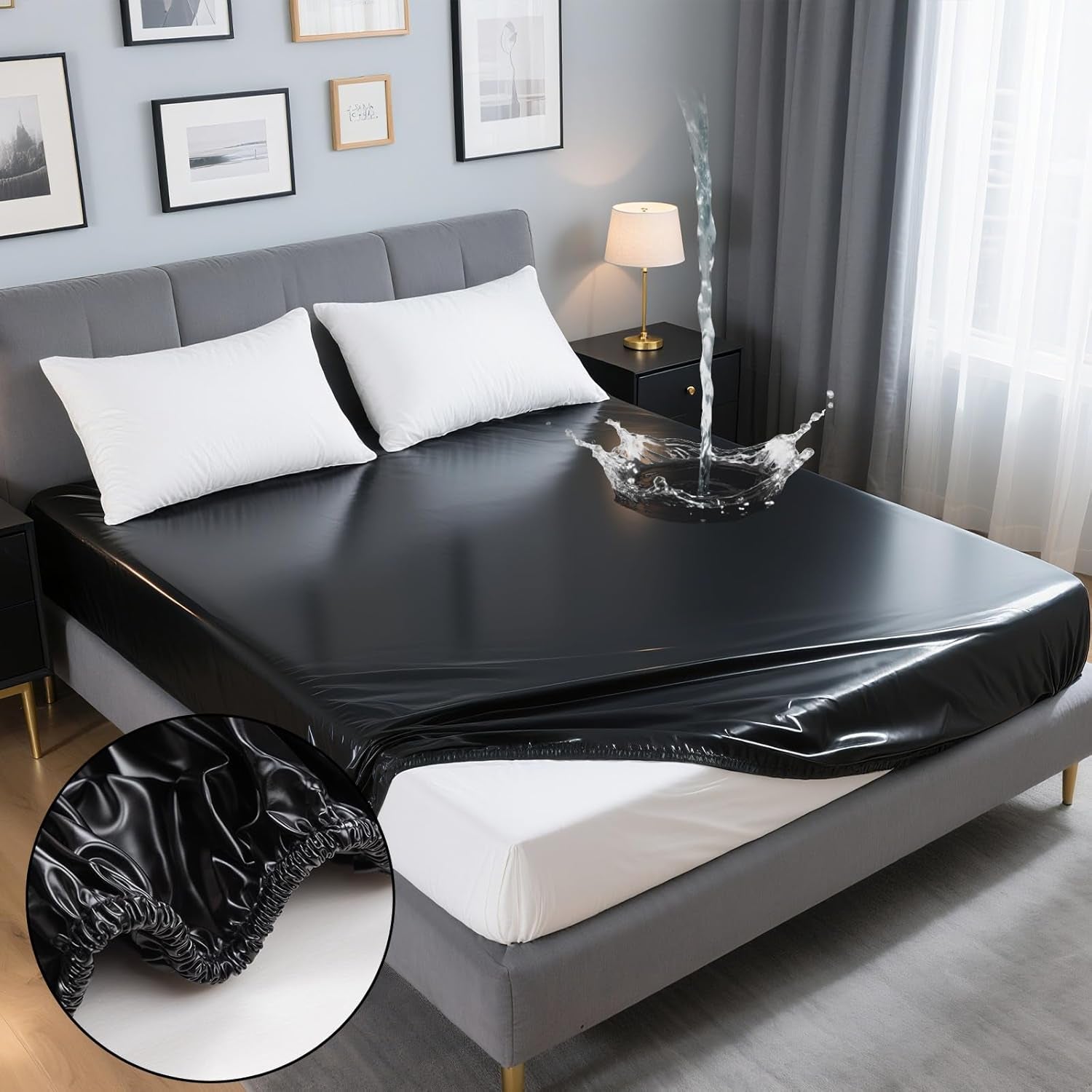 Black Vinyl Queen Mattress Protector Waterproof for Essential Oil Massage Spa, Fits 80X60In (203X152Cm), Wipe Clean PVC Mattress Cover Stain & Water Proof Bed Cover Queen Fitted Sheet for Nuru Massage