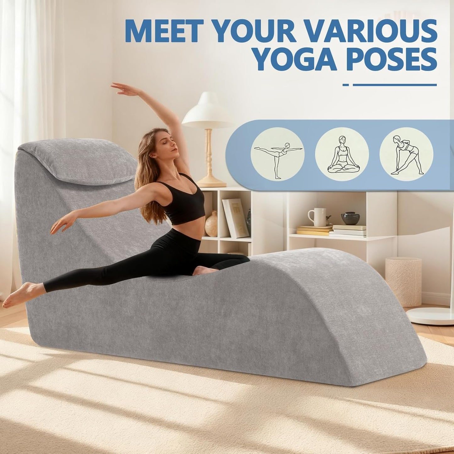 Yoga Chair Lounge for Adult, Yoga Lounge Chair，Ergonomic Chaise Lounge Chair,Chaise Lounge Indoor， Head Pillow，Perfect for Stretching, Massage, and Relaxation, Used in Living Room, Bedroom（Grey）