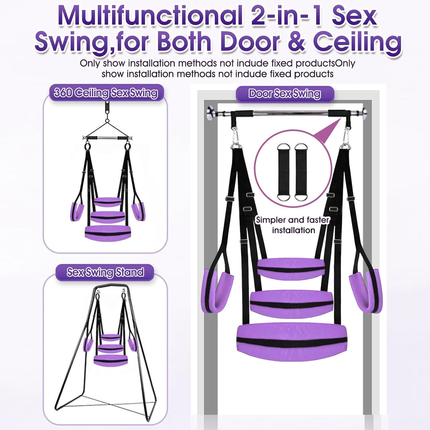 BDSM Sex Swing Adult Sex Toys Heavy Duty Sex Swings with Hanging Door Straps Adjustable Sex Sling Widened Padding Seat Bondage Thigh Restraints, Sex Furniture for Couples Kinky Sex Toy Purple