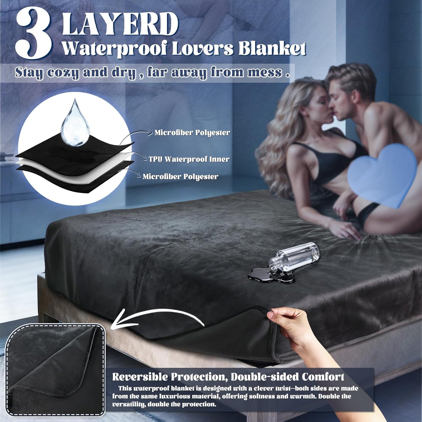 Waterproof Sex Blanket for Bed Intimacy, Queen Size 72 * 54 Inch 3 Layer Leakproof Mattress Protector Sex Mat for Adult, Reusable & Stainproof Throw Blanket Cover for Bed Couch Sofa Protection
