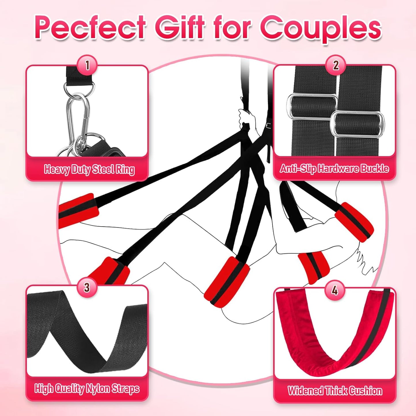 Sex Swing BDSM Sex Toys Sex Swings with Hanging Door Straps Widened Comfortable Swing Cushion Adjustable Hardware Buckles, Kinky Adult Sex Toys Sex Furniture for Men Women Couples Red