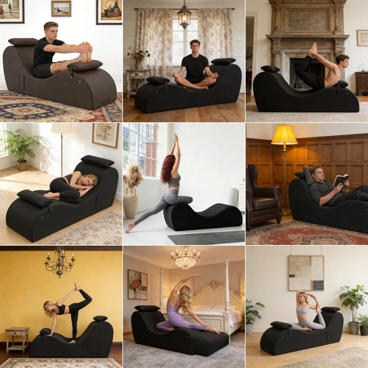 Chaise Lounge Chair for Yoga, Chaise Lounge with Headrest, Foot Pad, Washable Cover, Side Pockets, Non-Slip Bottom, Chair for Relaxation Stretching (Black)