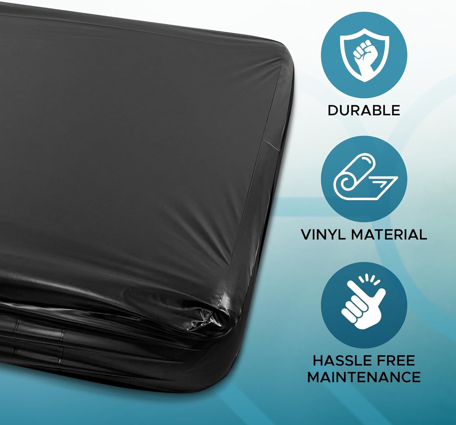 Black Vinyl Queen Waterproof Fitted Massage Bed Sheet with Side Pocket | Mattress Protector, Bed Cover for Nuru Massage - Oil, Water-Based, Silicone Safe | 60'' X 80'' + 14'' Deep Pocket