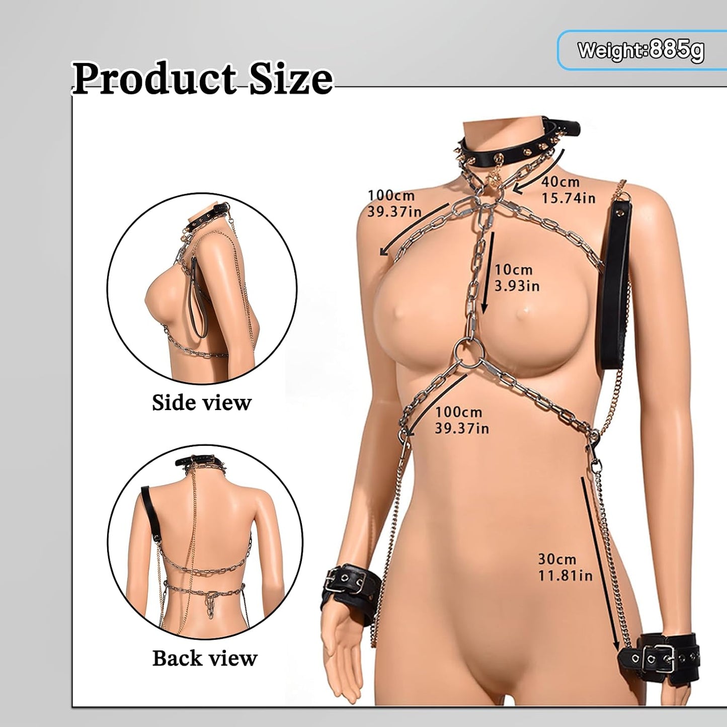 IronSilk BDSM Steel Chain Harness, Collar & Cuffs
