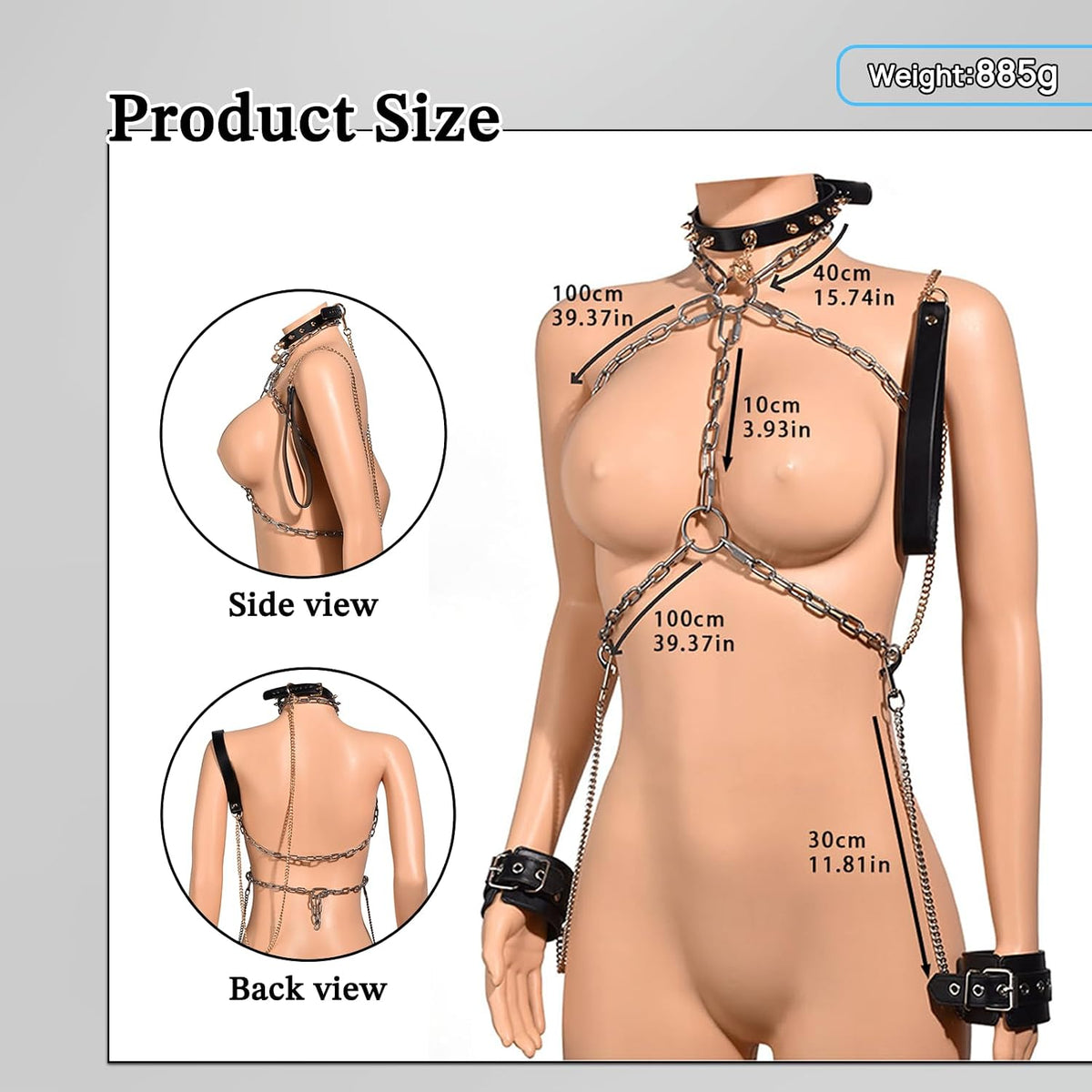 IronSilk BDSM Steel Chain Harness, Collar & Cuffs
