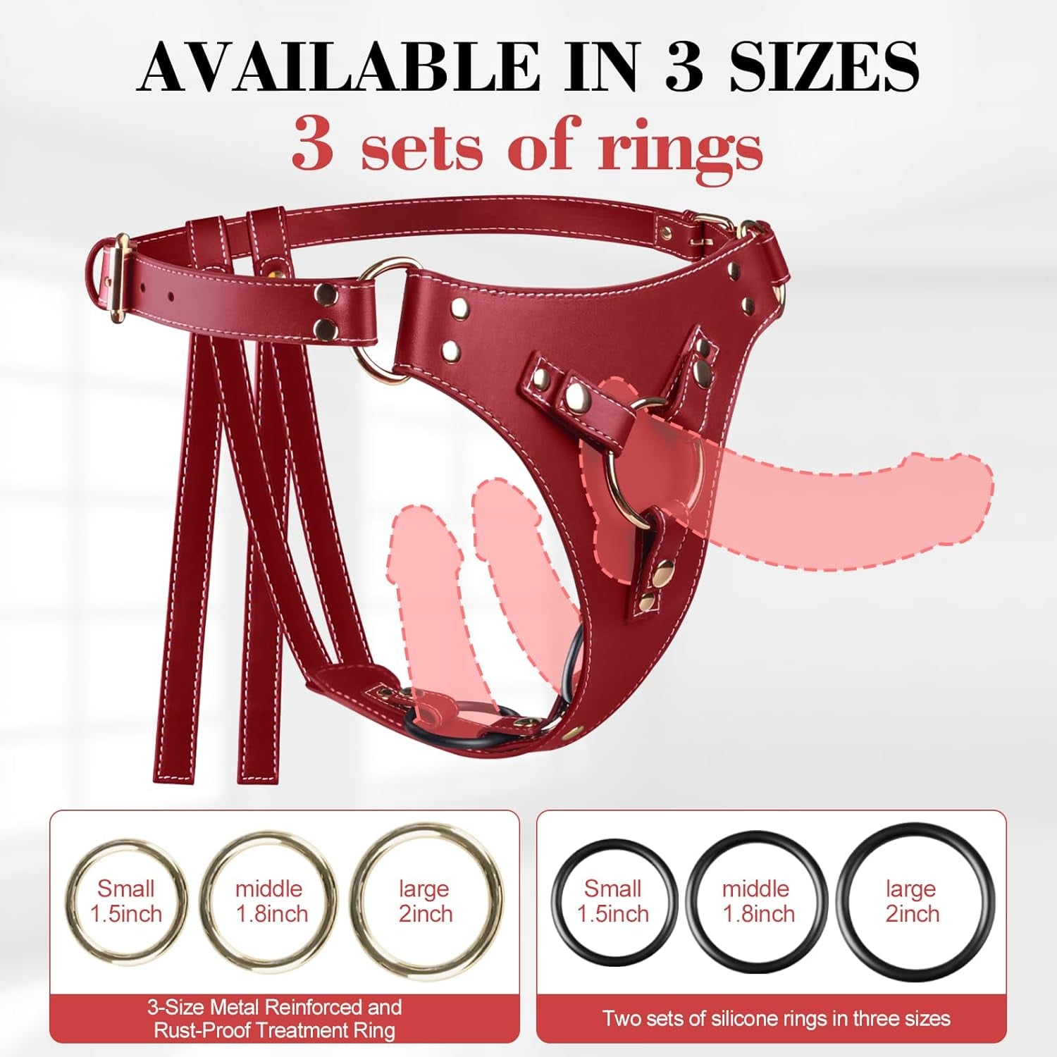 BoldUnion Adjustable Strap-On Harness | 3 O-Ring Sets, PU Leather