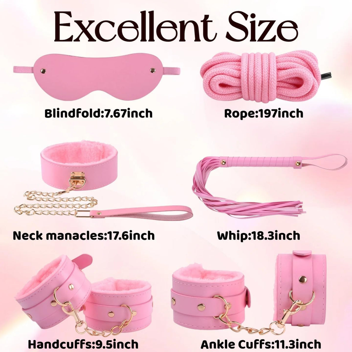 RoseNoir 13-Piece Pink BDSM Kit with Cuffs, Collar and Paddle