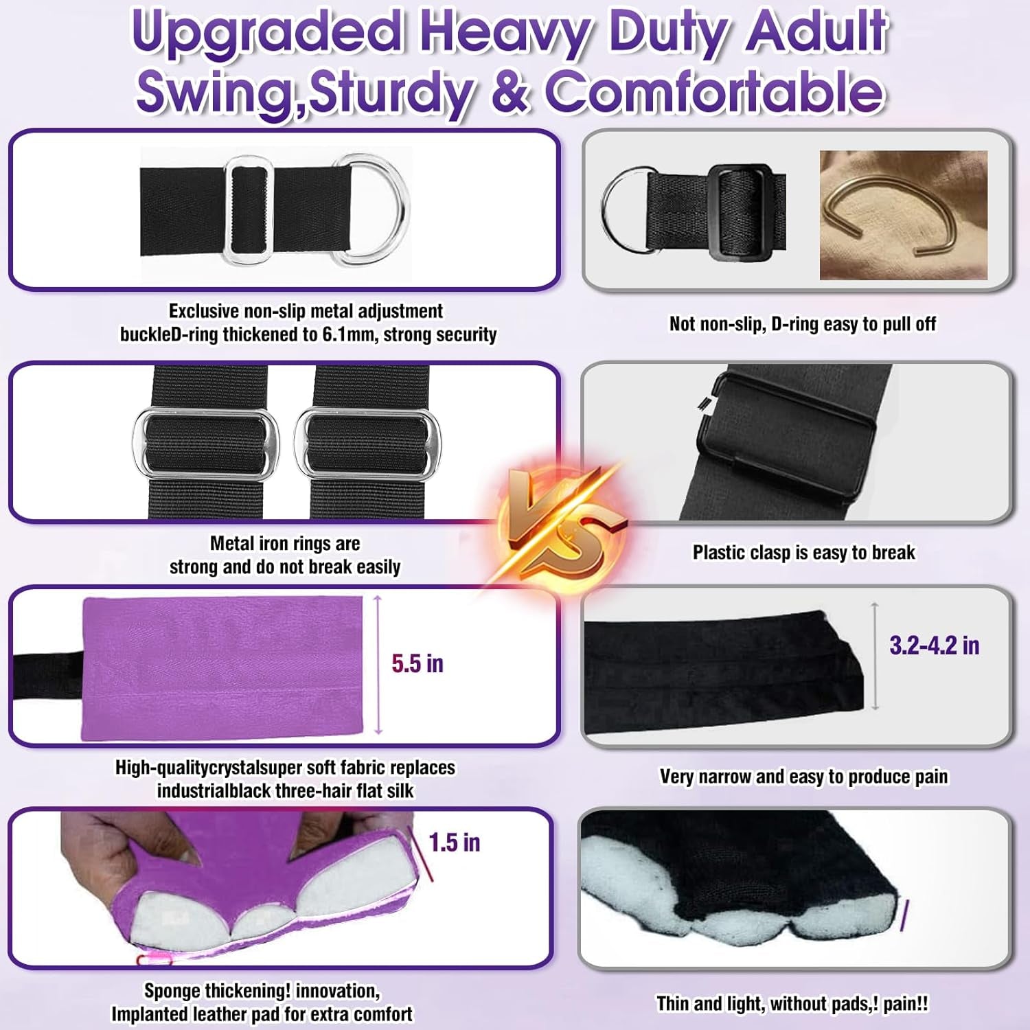 BDSM Sex Swing Adult Sex Toys Heavy Duty Sex Swings with Hanging Door Straps Adjustable Sex Sling Widened Padding Seat Bondage Thigh Restraints, Sex Furniture for Couples Kinky Sex Toy Purple