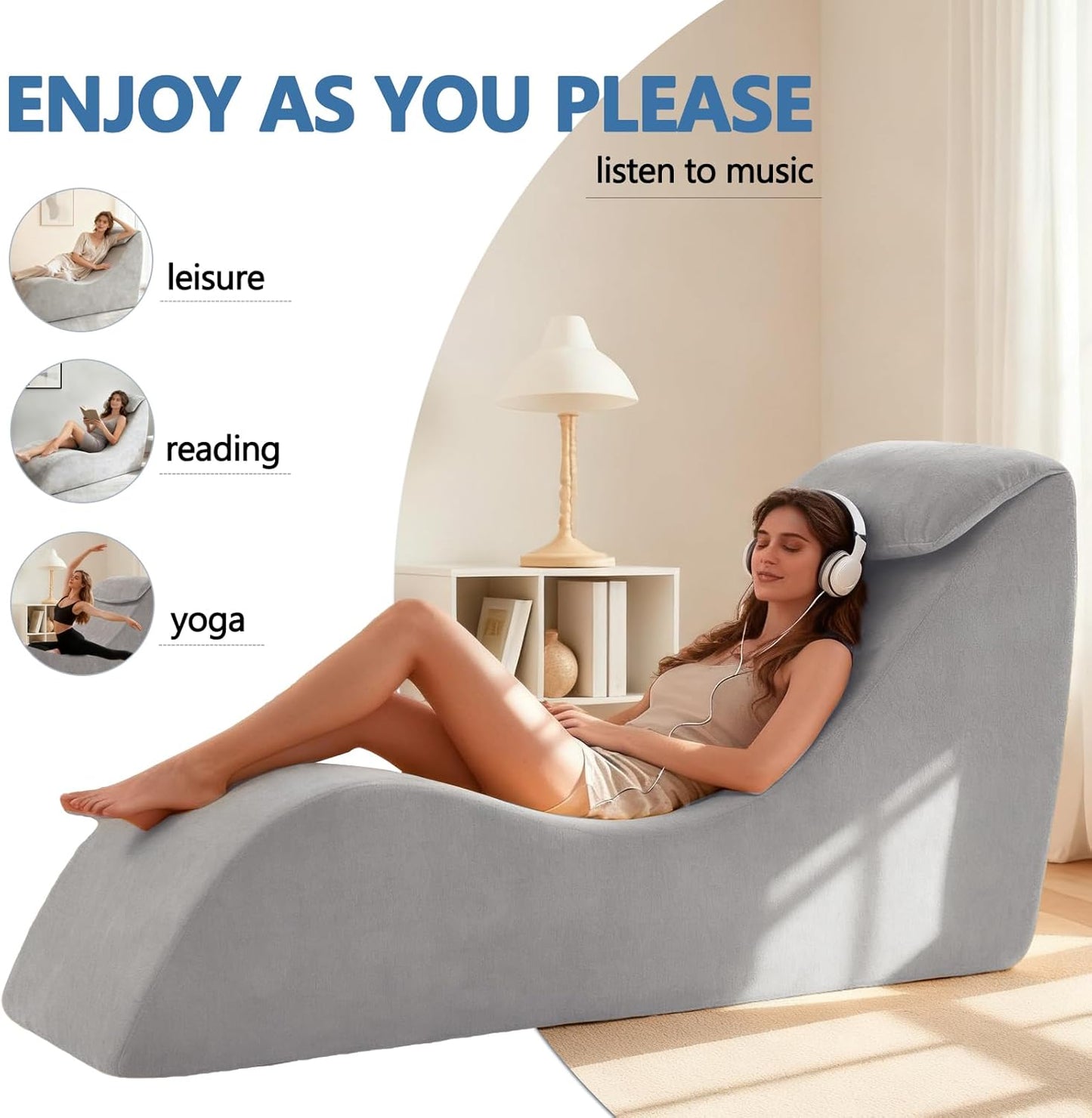 Yoga Chair Lounge for Adult, Yoga Lounge Chair，Ergonomic Chaise Lounge Chair,Chaise Lounge Indoor， Head Pillow，Perfect for Stretching, Massage, and Relaxation, Used in Living Room, Bedroom（Grey）