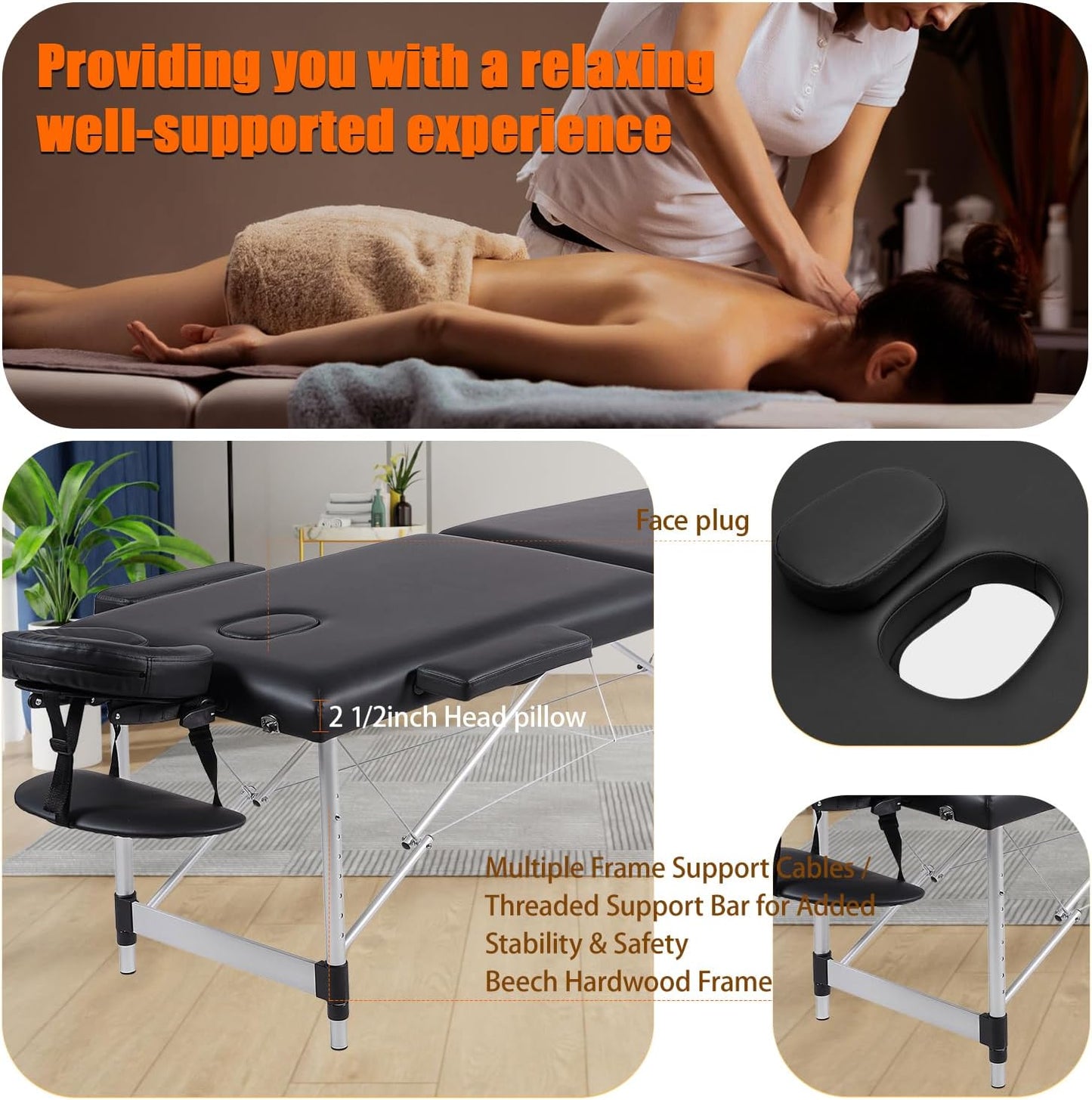 Portable Massage Table with Neck Stretcher, Light Weight 84 in Massage Bed Adjustable Lash Bed Tattoo Table for Eyelash Extensions Beauty Spa (Aluminum, Black)
