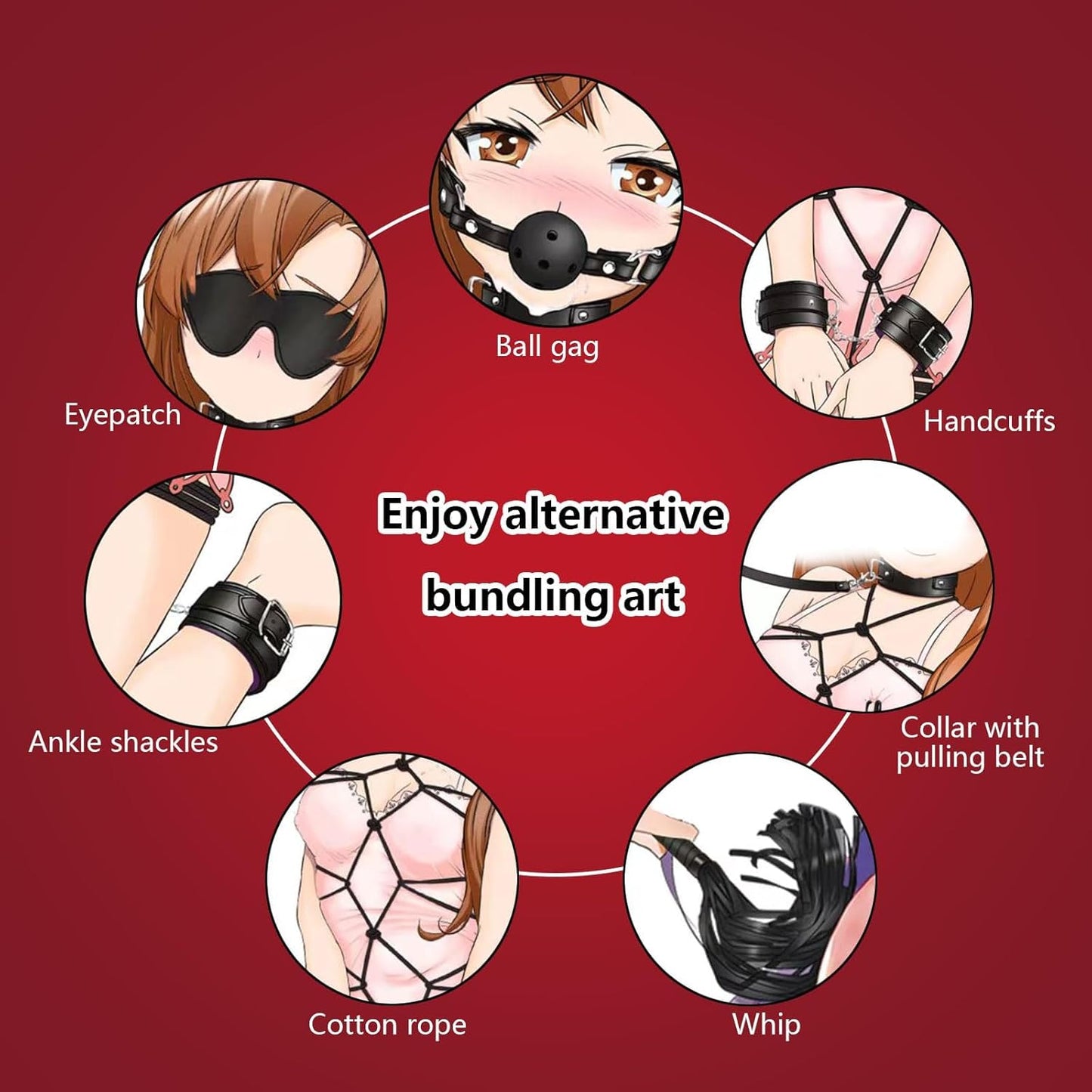 7-Pcs BDSM Kit for Beginners, Black Bondage Set for Couples with Adjustable Wrist & Ankle Cuffs, Collar, Blindfold, Ball Gag, Flogger & Ropes, Complete Adult Toy