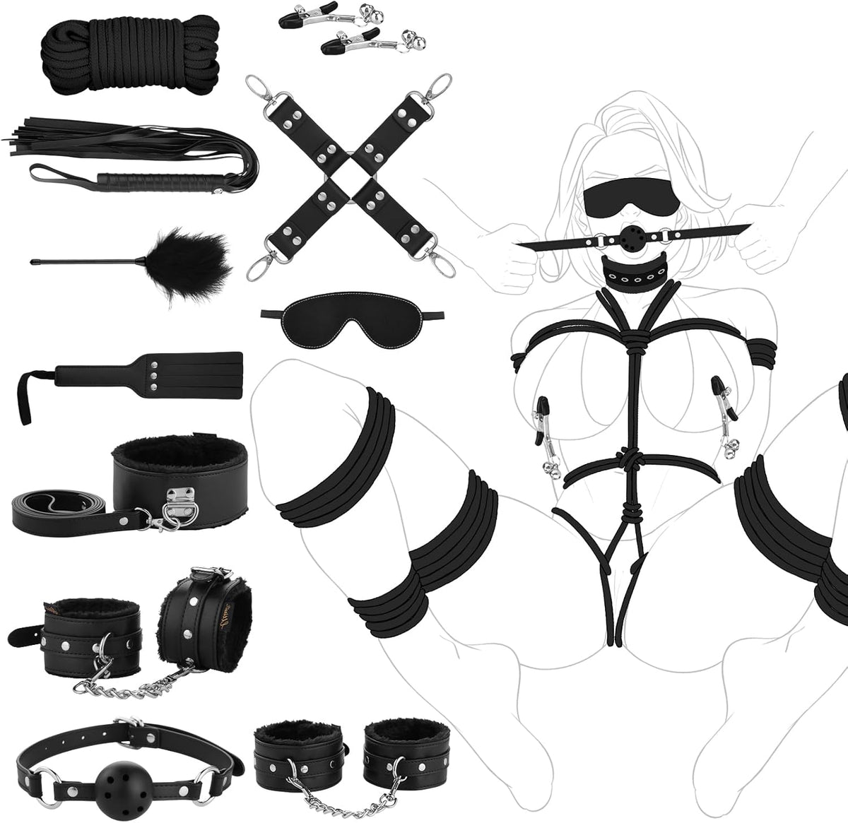 FirstDescent 11-Piece Beginner BDSM Kit with Cuffs, Collar and Paddle