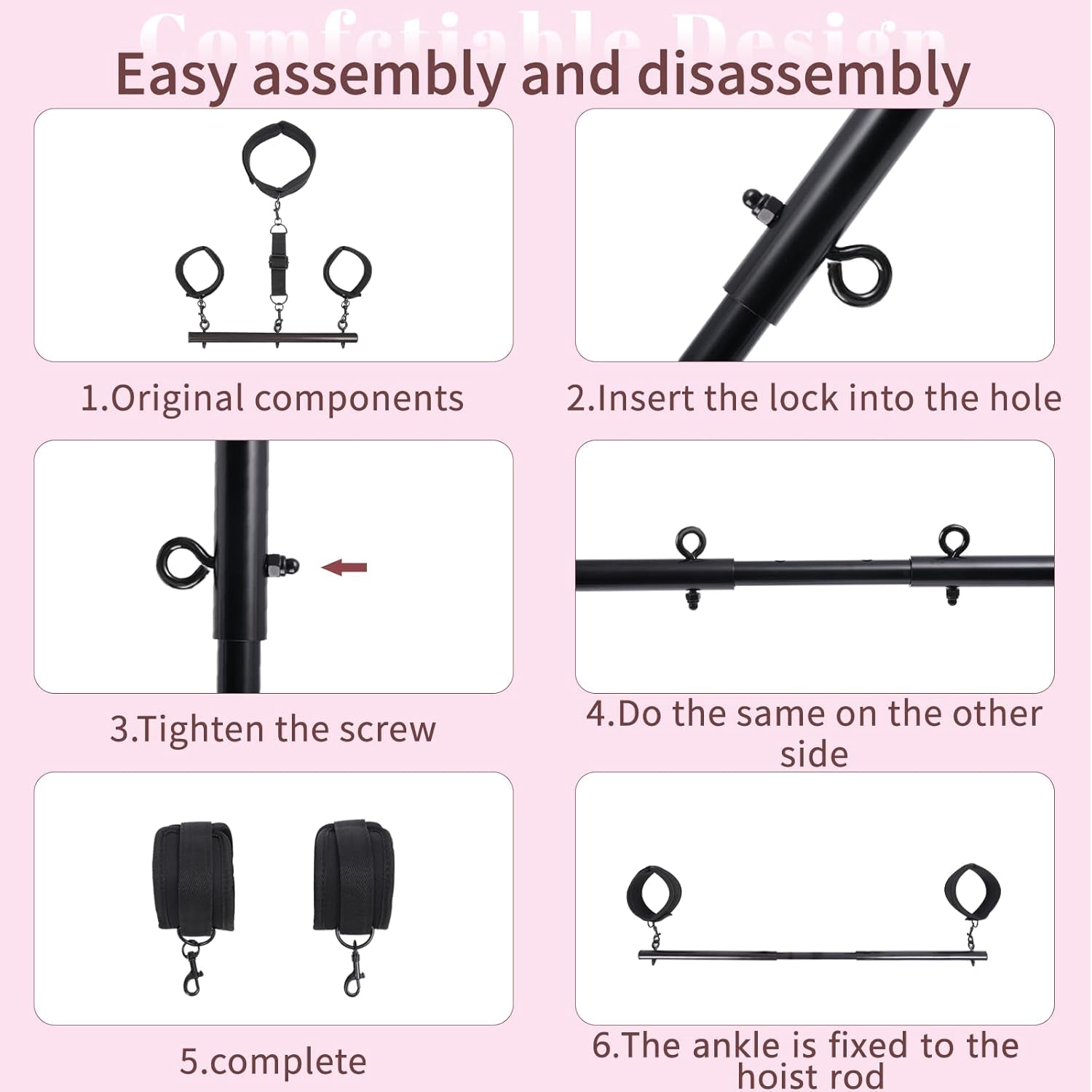 Spreader Bar Sex Toys with Wrist and Ankle Collar Restraint Set Adjustable Handcuffs Collar Restraint Set for Adult Couples BDSM (Black)