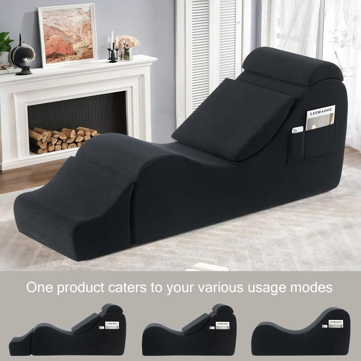 MidnightCurve Black Corduroy Sex Chaise Lounge with Headrest & Footrest
