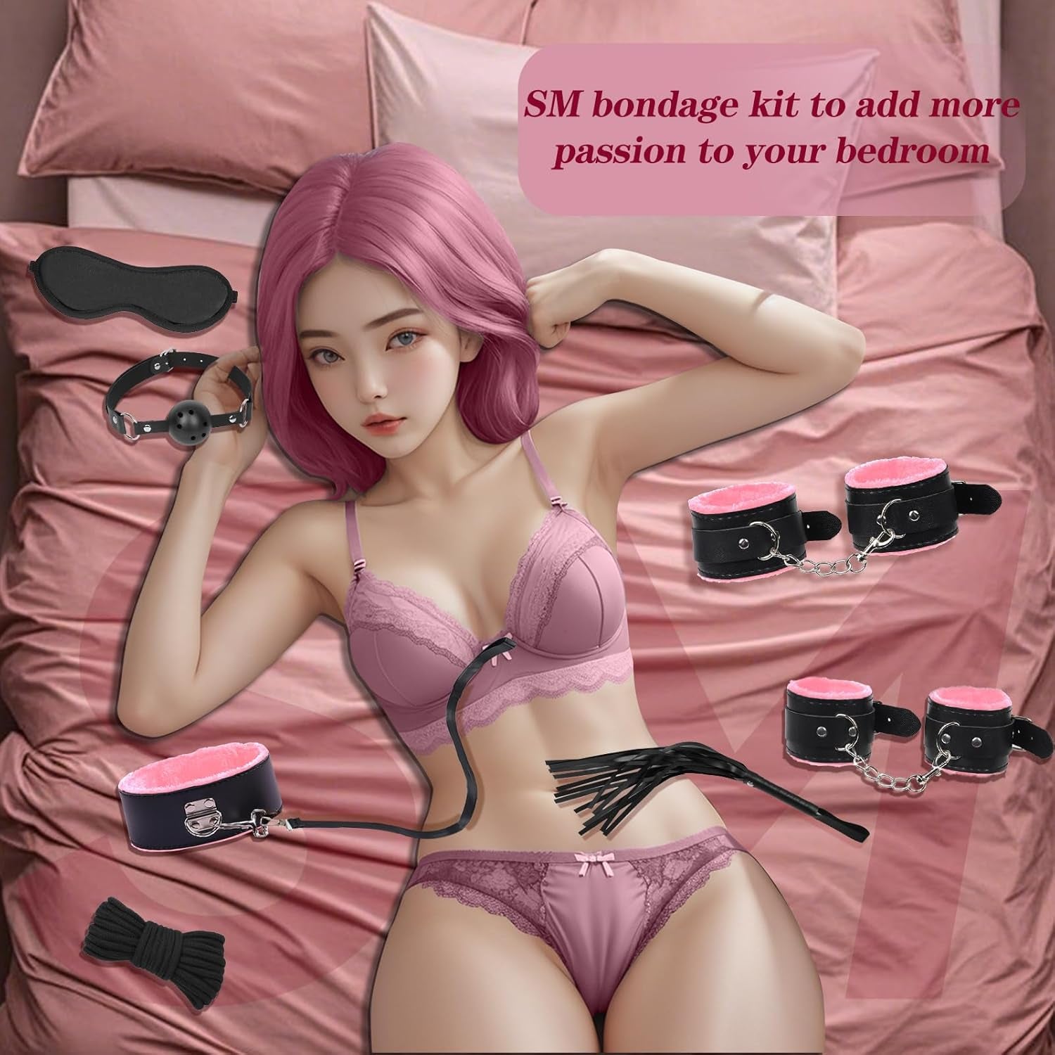 BDSM Bondage Kit Sex Toys 8 Pcs Sex Bondage Set for Beginners Ball Gag Bondage Rope BDSM Kit for Couples (Pink, 8PCS)