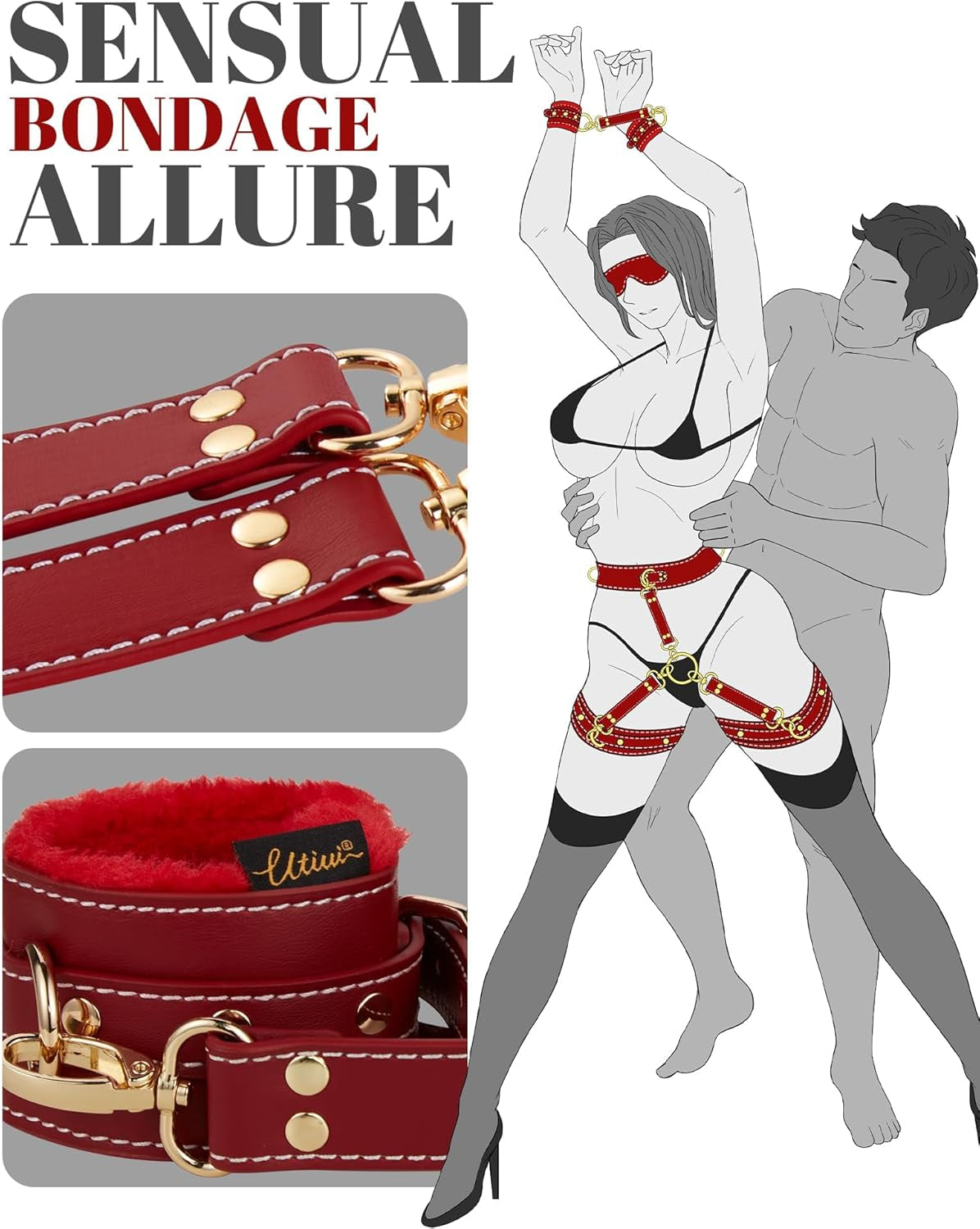 Sex Bondage BDSM Kit Restraints 6PCS Sets with Adjustable Handcuffs Ankle Cuff Thigh Cuffs Blindfold Cross Strap Waist Strap Adult SM Games Sex Toys for Men Women and Couples