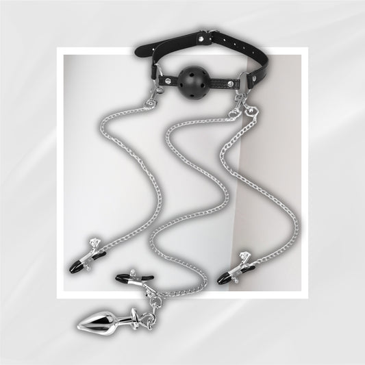 SensorySurrender Bondage Set – Ball Gag, Nipple Clamps & Plug