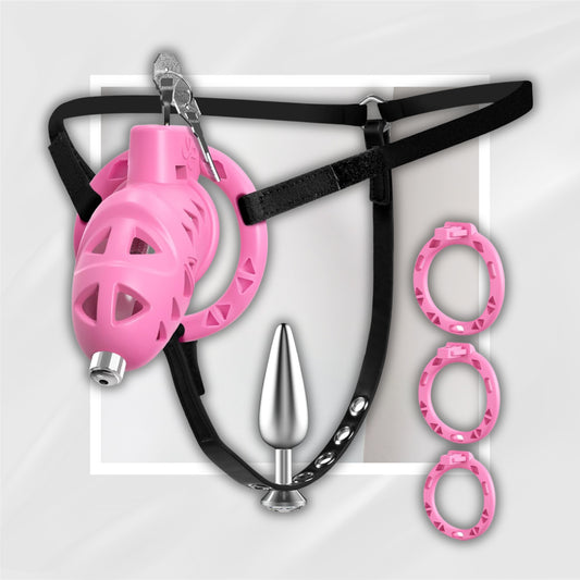BlushControl Pink Chastity Cage Kit – Rings, Plug & Hidden Lock