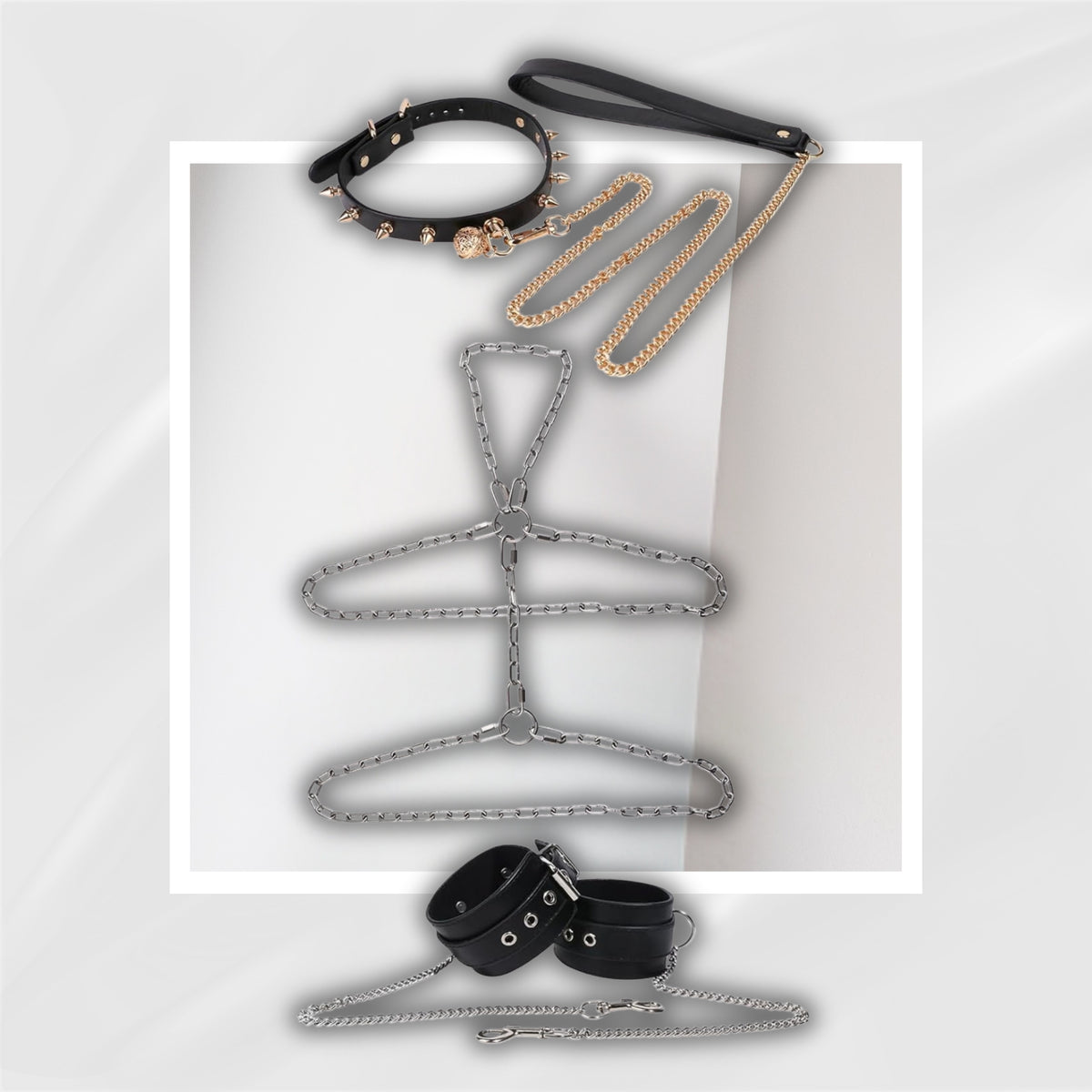 IronSilk BDSM Steel Chain Harness, Collar & Cuffs