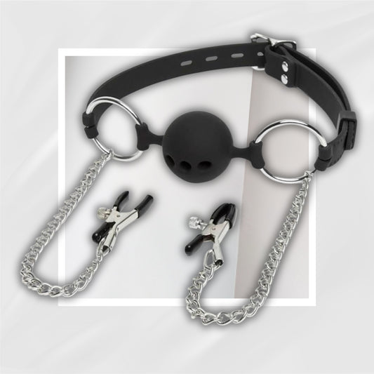 DuskThrall Ball Gag with Nipple Clamps Bondage Set