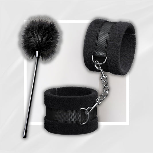 SlateBind BDSM Handcuff & Feather Tickler Set | Soft Sex Restraints