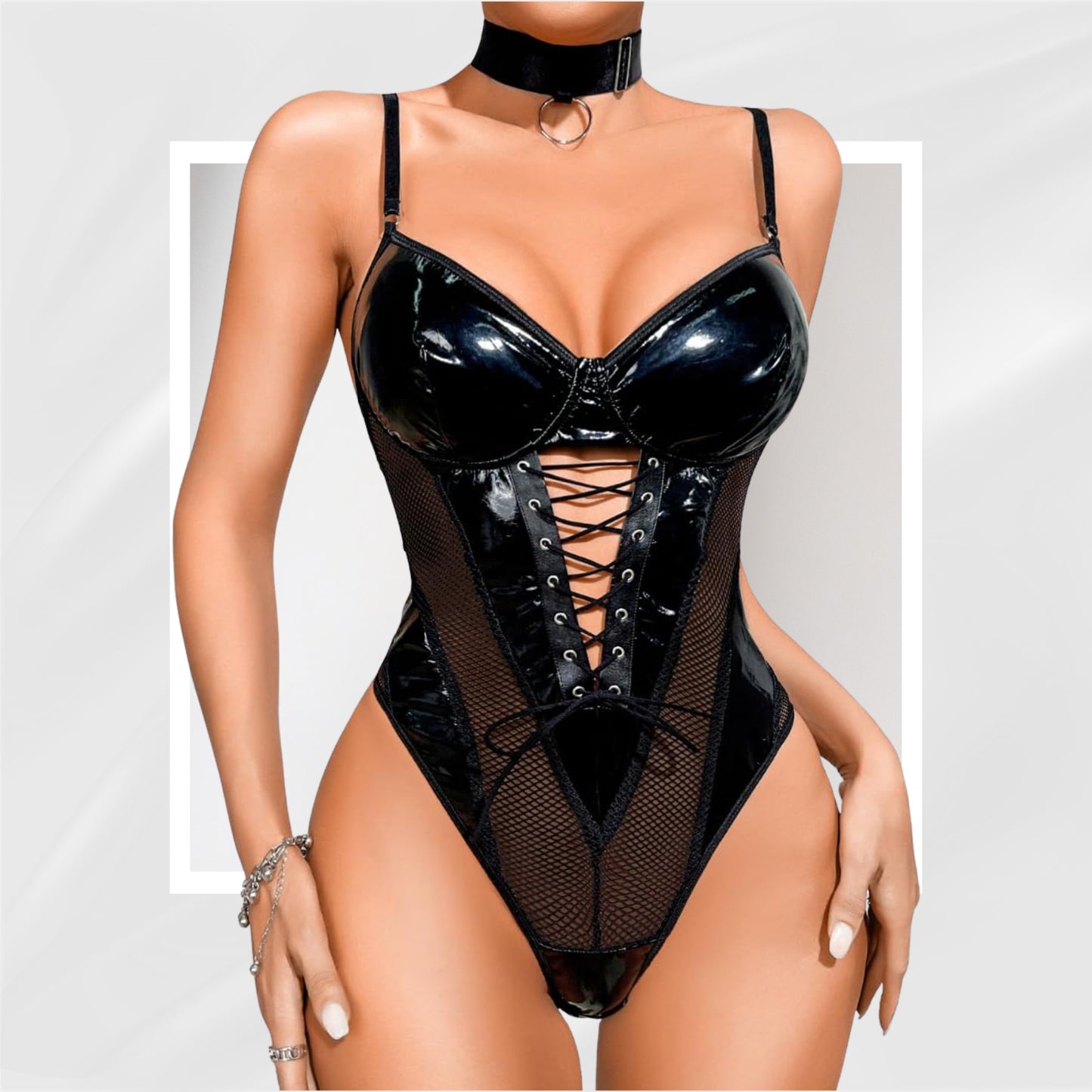 NightVice Wet Look Corset Bodysuit & Choker